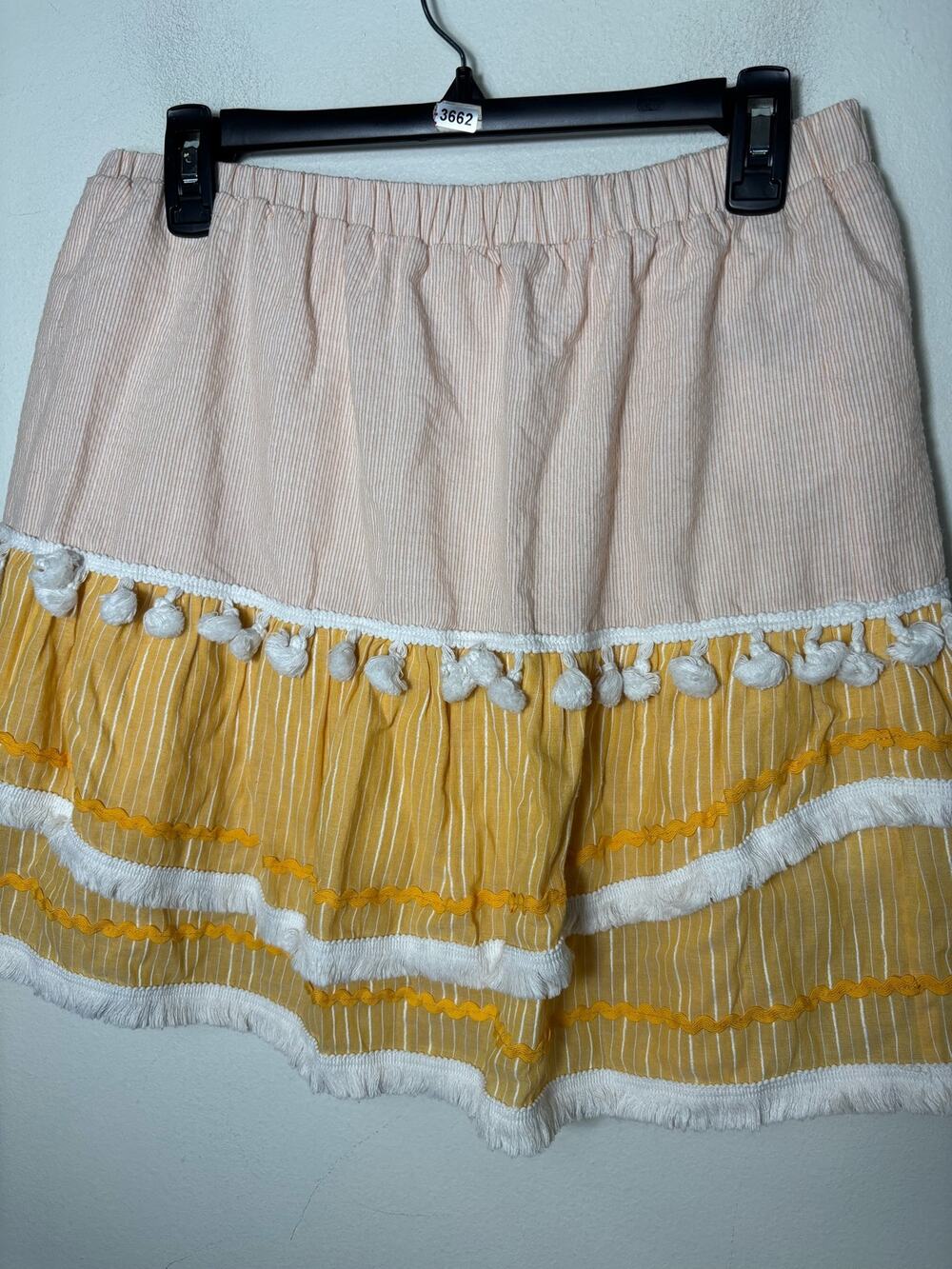 English Factory Yellow Pull On Pom Pom and Fringe Mini Skirt Sz L